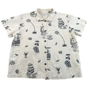 Vintage 90s Hot Cotton by Marc Ware Folk Art Print Linen Blend Shirt - L